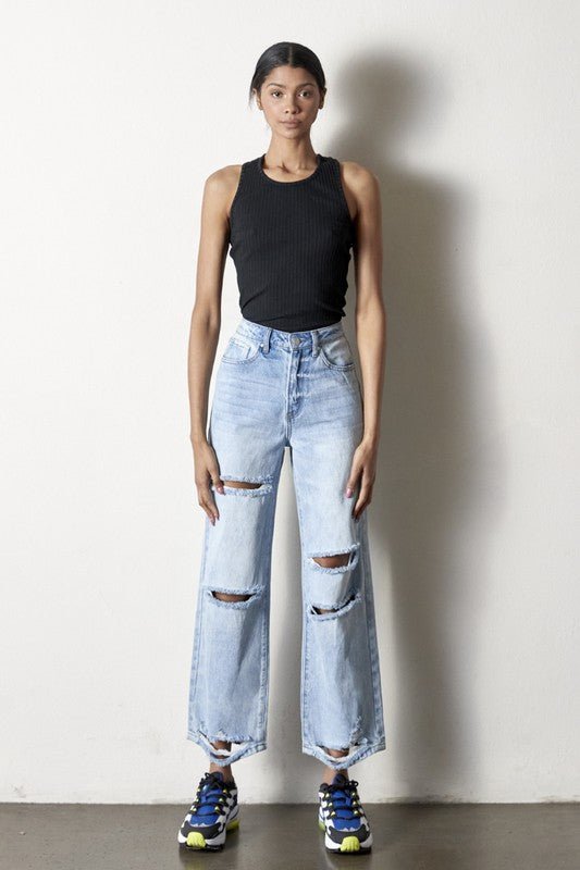 INSANE GENE HIGH RISE DESTROYED ANKLE LENGTH STRAIGHT LEG JEANS - Sleekdenim.com