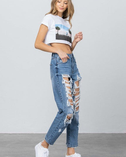 INSANE GENE HIGH RISE DESTROYED MOM JEANS - Sleekdenim.com