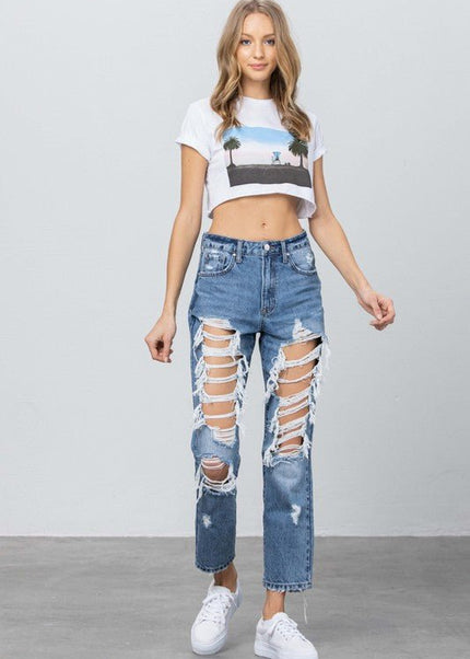 INSANE GENE HIGH RISE DESTROYED MOM JEANS - Sleekdenim.com