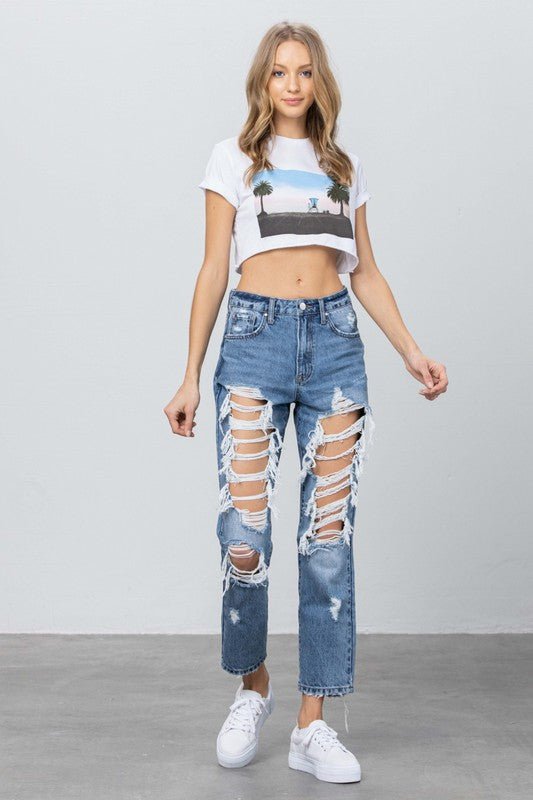 INSANE GENE HIGH RISE DESTROYED MOM JEANS - Sleekdenim.com