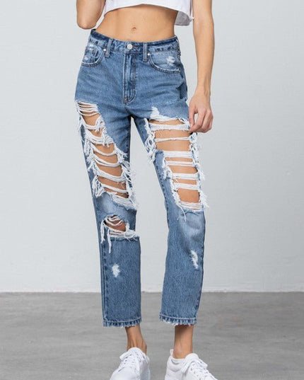 INSANE GENE HIGH RISE DESTROYED MOM JEANS - Sleekdenim.com