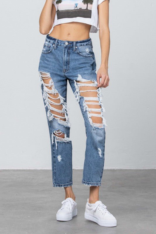 INSANE GENE HIGH RISE DESTROYED MOM JEANS - Sleekdenim.com
