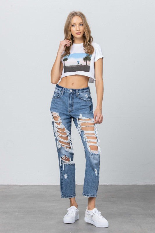 INSANE GENE HIGH RISE DESTROYED MOM JEANS - Sleekdenim.com
