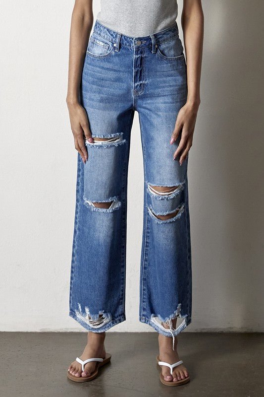 INSANE GENE HIGH RISE DESTROYED STRAIGHT LEG JEANS - Sleekdenim.com