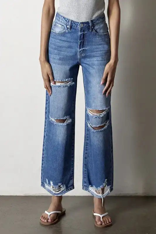 INSANE GENE HIGH RISE DESTROYED STRAIGHT LEG JEANS - Sleekdenim.com