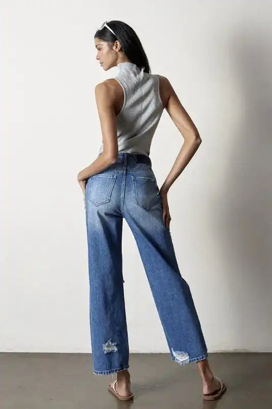 INSANE GENE HIGH RISE DESTROYED STRAIGHT LEG JEANS - Sleekdenim.com