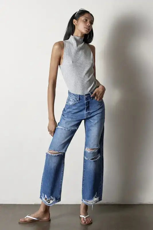INSANE GENE HIGH RISE DESTROYED STRAIGHT LEG JEANS - Sleekdenim.com