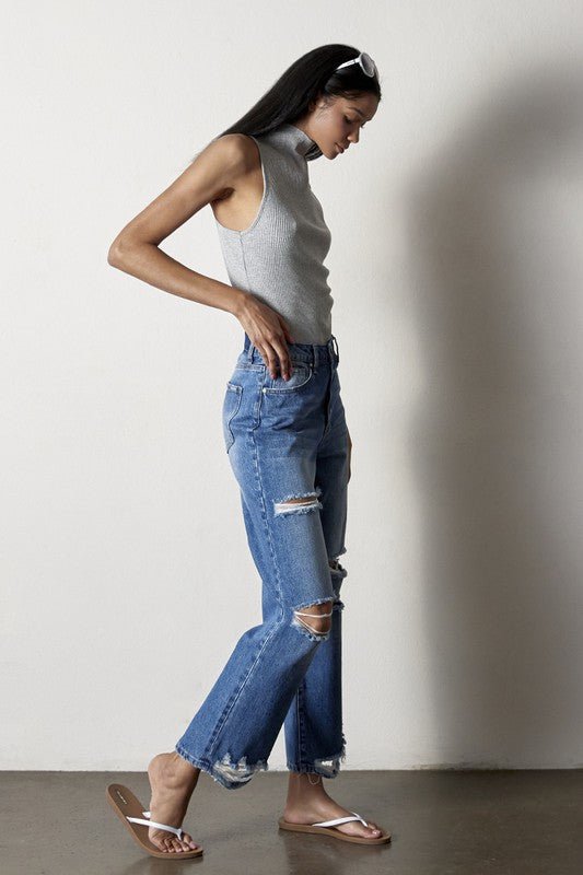 INSANE GENE HIGH RISE DESTROYED STRAIGHT LEG JEANS - Sleekdenim.com