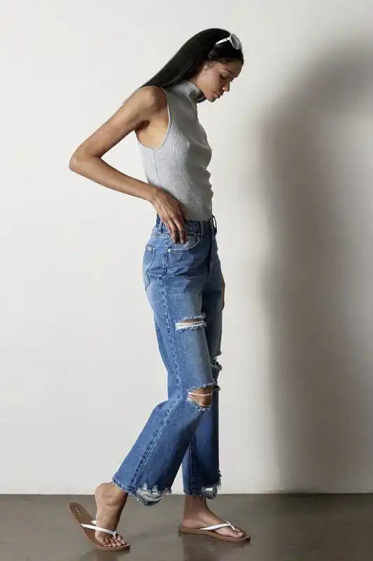 INSANE GENE HIGH RISE DESTROYED STRAIGHT LEG JEANS - Sleekdenim.com
