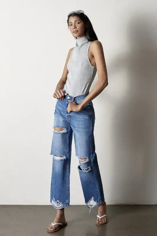 INSANE GENE HIGH RISE DESTROYED STRAIGHT LEG JEANS - Sleekdenim.com