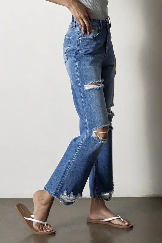 INSANE GENE HIGH RISE DESTROYED STRAIGHT LEG JEANS - Sleekdenim.com