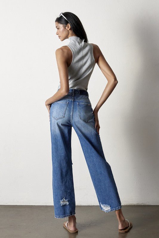 INSANE GENE HIGH RISE DESTROYED STRAIGHT LEG JEANS - Sleekdenim.com