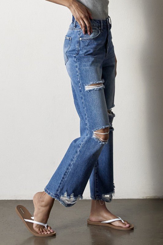 INSANE GENE HIGH RISE DESTROYED STRAIGHT LEG JEANS - Sleekdenim.com