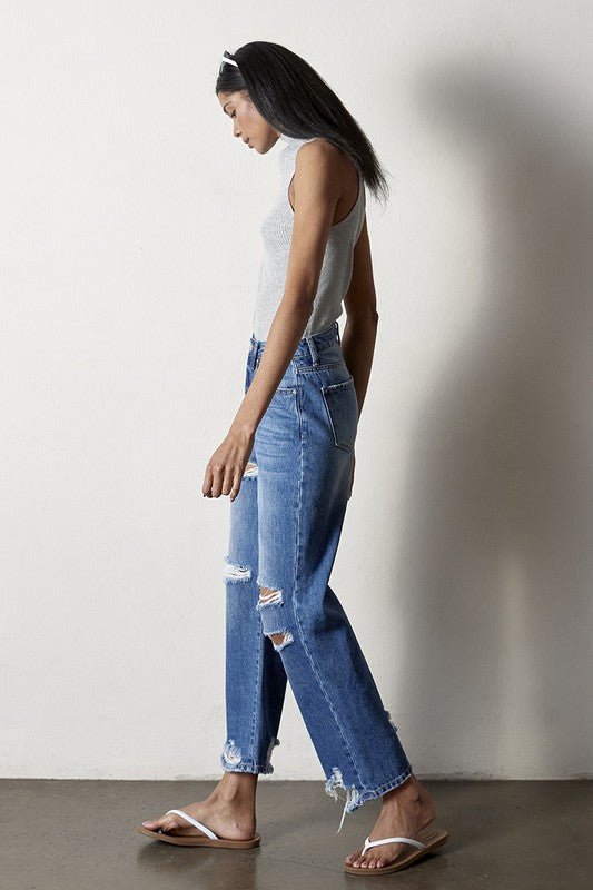 INSANE GENE HIGH RISE DESTROYED STRAIGHT LEG JEANS - Sleekdenim.com