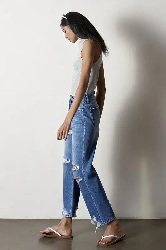 INSANE GENE HIGH RISE DESTROYED STRAIGHT LEG JEANS - Sleekdenim.com
