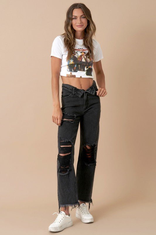 INSANE GENE HIGH RISE FLIPPED WAIST STRAIGHT LEG JEANS - Sleekdenim.com
