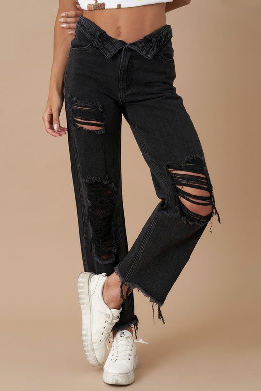 INSANE GENE HIGH RISE FLIPPED WAIST STRAIGHT LEG JEANS - Sleekdenim.com