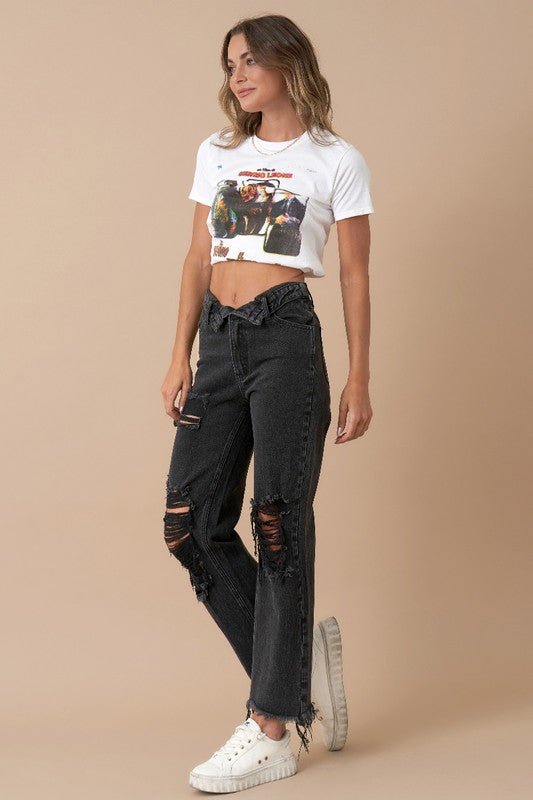 INSANE GENE HIGH RISE FLIPPED WAIST STRAIGHT LEG JEANS - Sleekdenim.com
