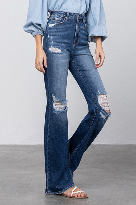 INSANE GENE HIGH RISE FRAYED HEM FLARE JEANS - Sleekdenim.com