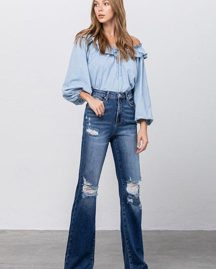 INSANE GENE HIGH RISE FRAYED HEM FLARE JEANS - Sleekdenim.com