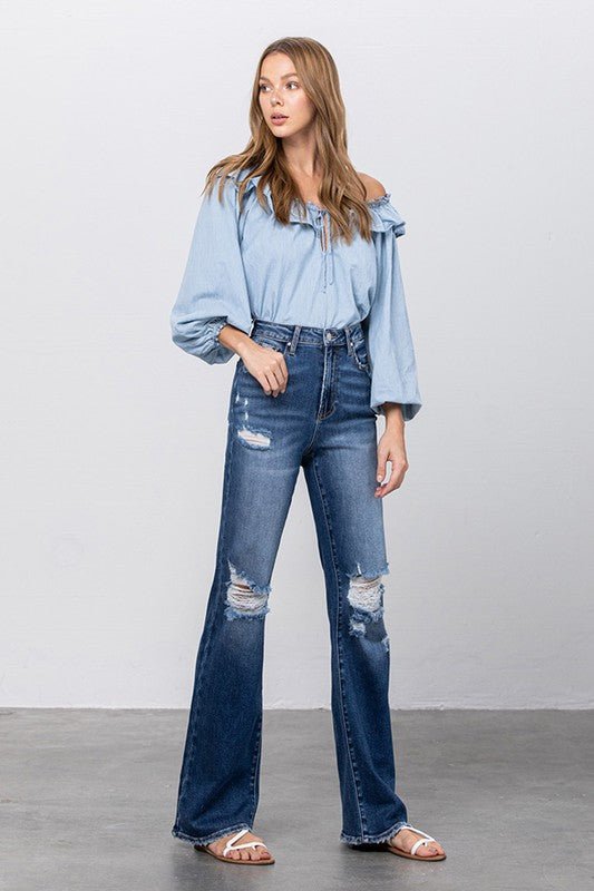 INSANE GENE HIGH RISE FRAYED HEM FLARE JEANS - Sleekdenim.com