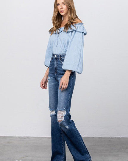 INSANE GENE HIGH RISE FRAYED HEM FLARE JEANS - Sleekdenim.com