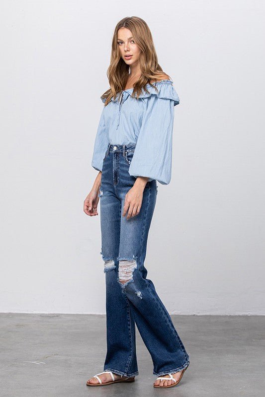 INSANE GENE HIGH RISE FRAYED HEM FLARE JEANS - Sleekdenim.com