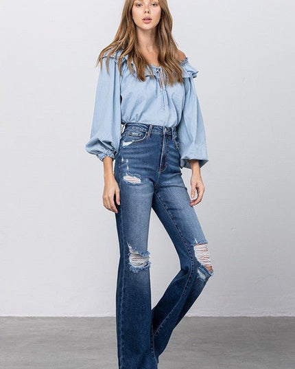 INSANE GENE HIGH RISE FRAYED HEM FLARE JEANS - Sleekdenim.com