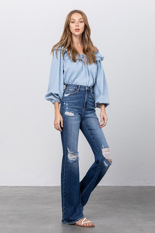 INSANE GENE HIGH RISE FRAYED HEM FLARE JEANS - Sleekdenim.com