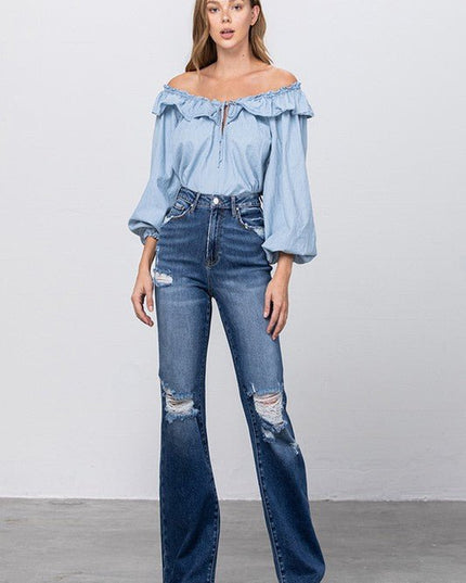 INSANE GENE HIGH RISE FRAYED HEM FLARE JEANS - Sleekdenim.com