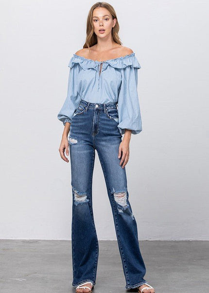 INSANE GENE HIGH RISE FRAYED HEM FLARE JEANS - Sleekdenim.com