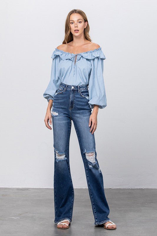 INSANE GENE HIGH RISE FRAYED HEM FLARE JEANS - Sleekdenim.com