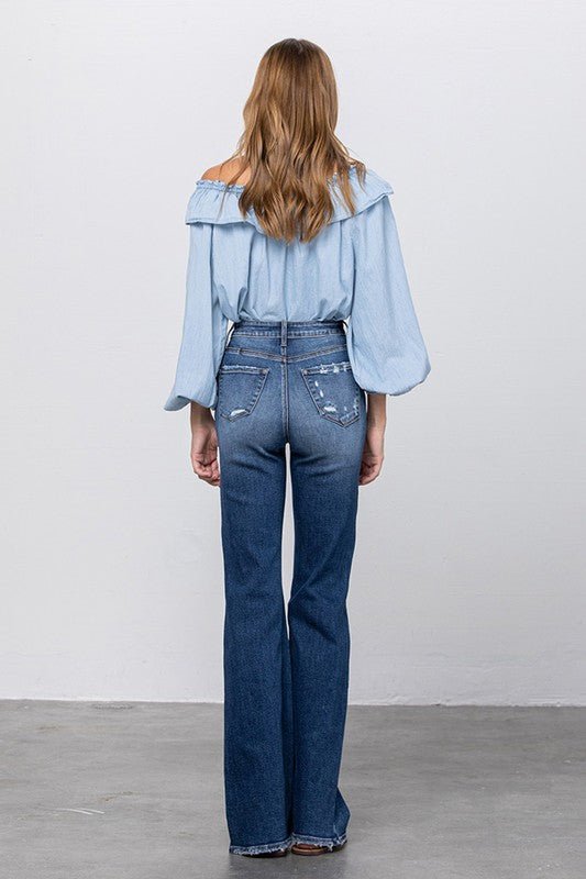 INSANE GENE HIGH RISE FRAYED HEM FLARE JEANS - Sleekdenim.com