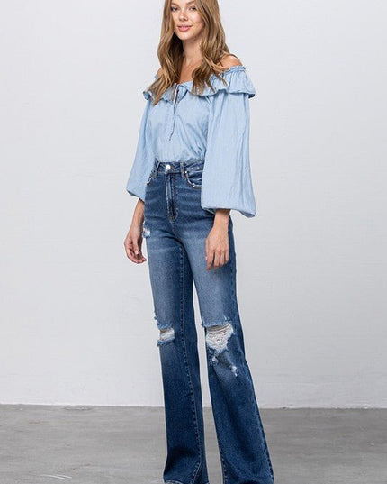 INSANE GENE HIGH RISE FRAYED HEM FLARE JEANS - Sleekdenim.com