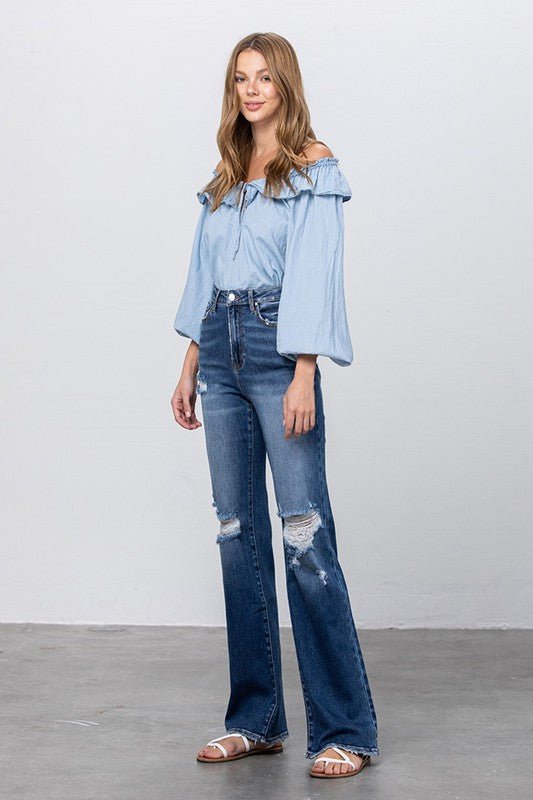 INSANE GENE HIGH RISE FRAYED HEM FLARE JEANS - Sleekdenim.com