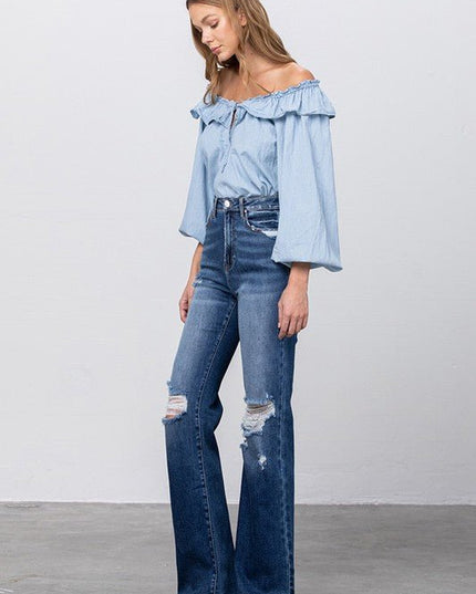 INSANE GENE HIGH RISE FRAYED HEM FLARE JEANS - Sleekdenim.com