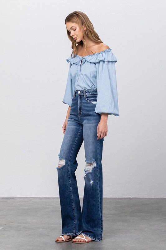 INSANE GENE HIGH RISE FRAYED HEM FLARE JEANS - Sleekdenim.com