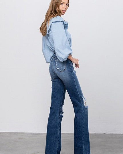 INSANE GENE HIGH RISE FRAYED HEM FLARE JEANS - Sleekdenim.com