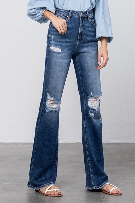 INSANE GENE HIGH RISE FRAYED HEM FLARE JEANS - Sleekdenim.com