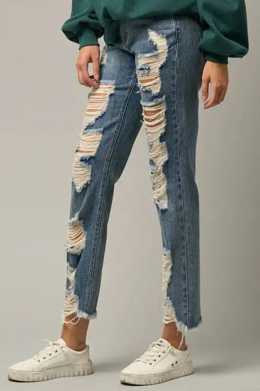 INSANE GENE HIGH RISE PREMIUM HEAVY DISTRESSED STRAIGHT JEANS - Sleekdenim.com