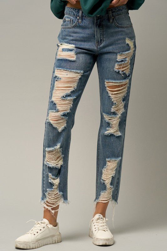 INSANE GENE HIGH RISE PREMIUM HEAVY DISTRESSED STRAIGHT JEANS - Sleekdenim.com