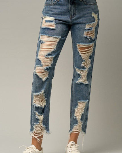INSANE GENE HIGH RISE PREMIUM HEAVY DISTRESSED STRAIGHT JEANS - Sleekdenim.com
