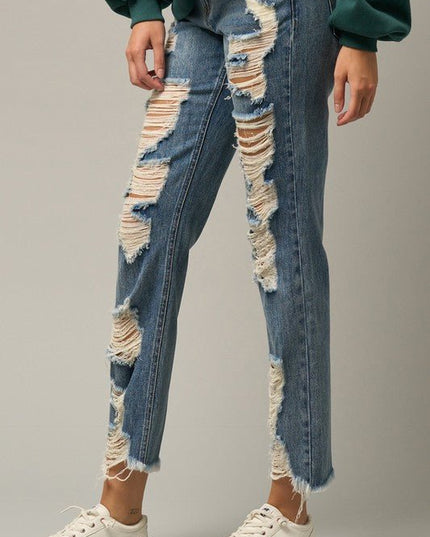 INSANE GENE HIGH RISE PREMIUM HEAVY DISTRESSED STRAIGHT JEANS - Sleekdenim.com