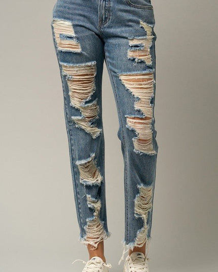 INSANE GENE HIGH RISE PREMIUM HEAVY DISTRESSED STRAIGHT JEANS - Sleekdenim.com