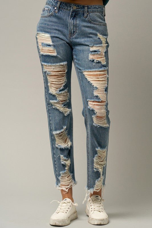 INSANE GENE HIGH RISE PREMIUM HEAVY DISTRESSED STRAIGHT JEANS - Sleekdenim.com