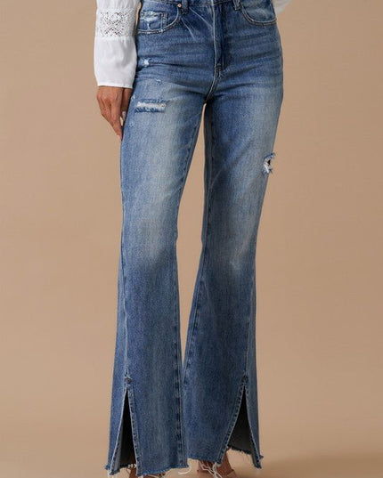 INSANE GENE HIGH RISE SLIT HEM FLARED JEANS - Sleekdenim.com