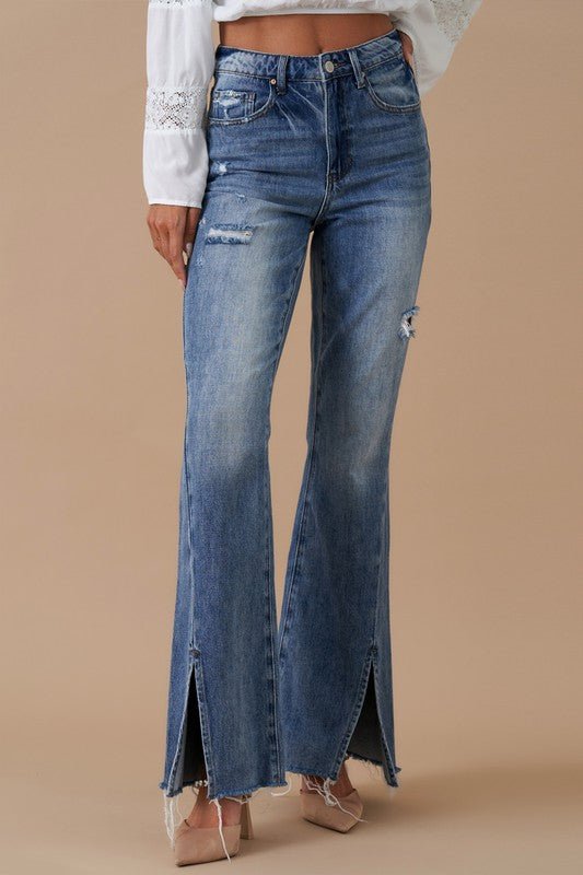 INSANE GENE HIGH RISE SLIT HEM FLARED JEANS - Sleekdenim.com