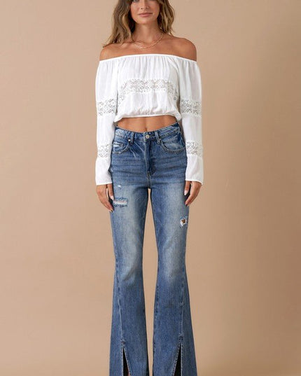 INSANE GENE HIGH RISE SLIT HEM FLARED JEANS - Sleekdenim.com