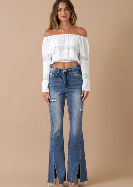 INSANE GENE HIGH RISE SLIT HEM FLARED JEANS - Sleekdenim.com