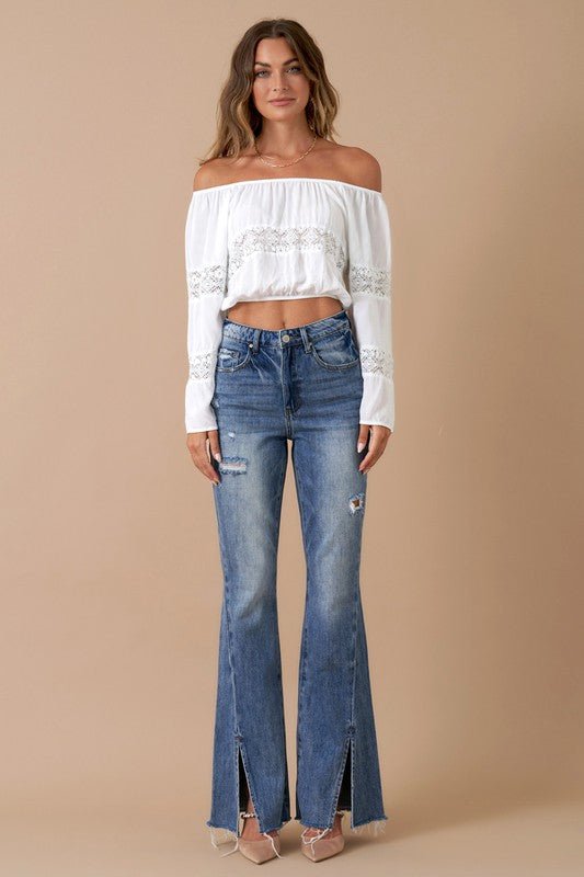 INSANE GENE HIGH RISE SLIT HEM FLARED JEANS - Sleekdenim.com